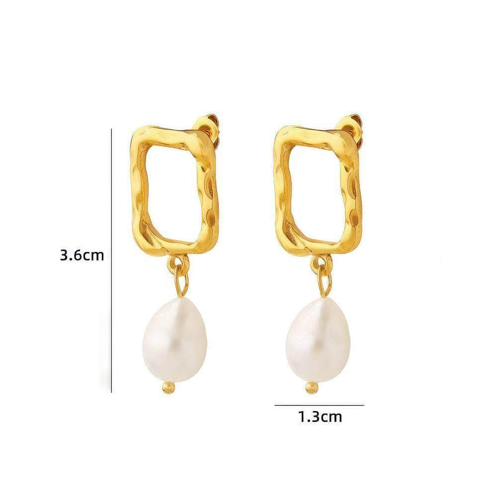 Gold Rectangular Frame Pearl Drop Earrings White / Clip On