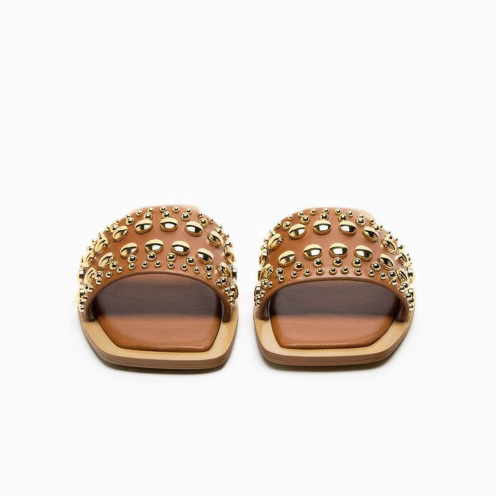 Gold Studded Embellished Slip On Flat Mules