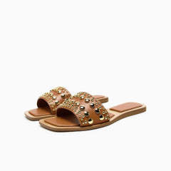 Gold Studded Embellished Slip On Flat Mules EU 34 / Brown