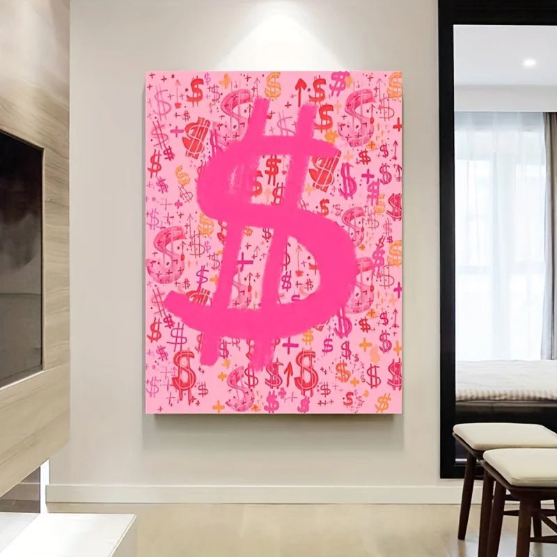 Graffiti Art Pink Dollar Sign Canvas: Modern Poster Print for Living Room Decor - Frameless