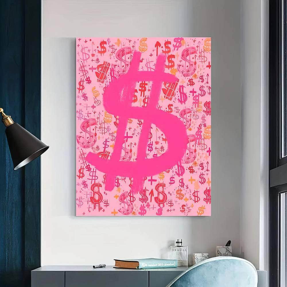 Graffiti Art Pink Dollar Sign Canvas: Modern Poster Print for Living Room Decor - Frameless