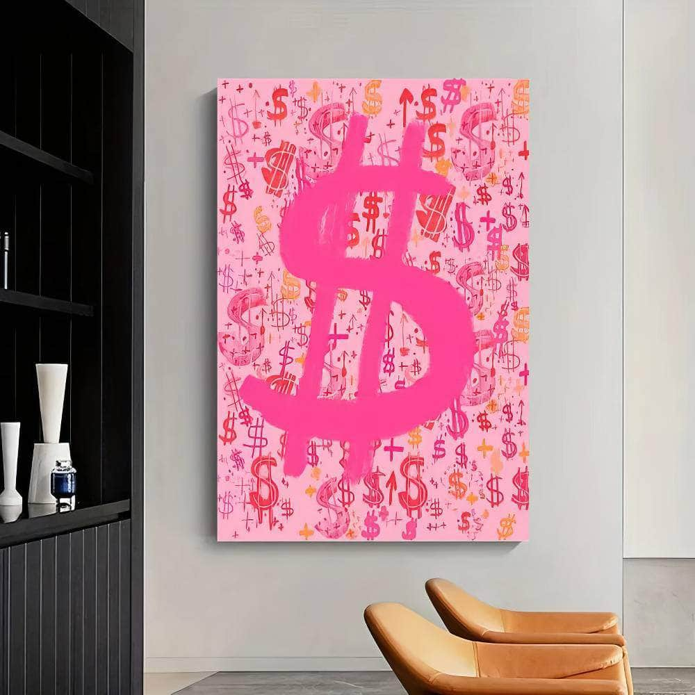 Graffiti Art Pink Dollar Sign Canvas: Modern Poster Print for Living Room Decor - Frameless