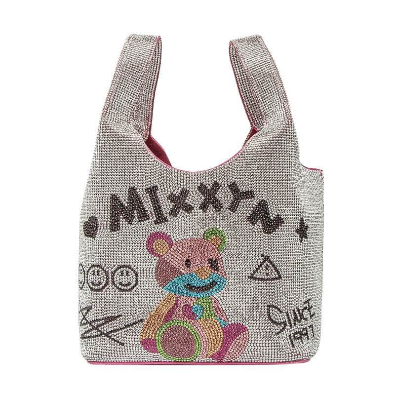 Graffiti Print Bucket Bag with Crystal Rhinestones Bear