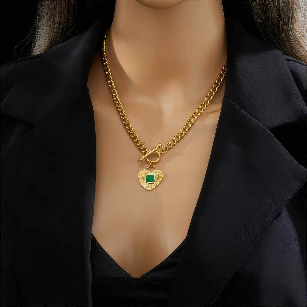 Green Stone Heart Pendant Necklace - New 2-Color OT Buckle Chain Jewelry for Women, perfect for Girls and Party Gifts