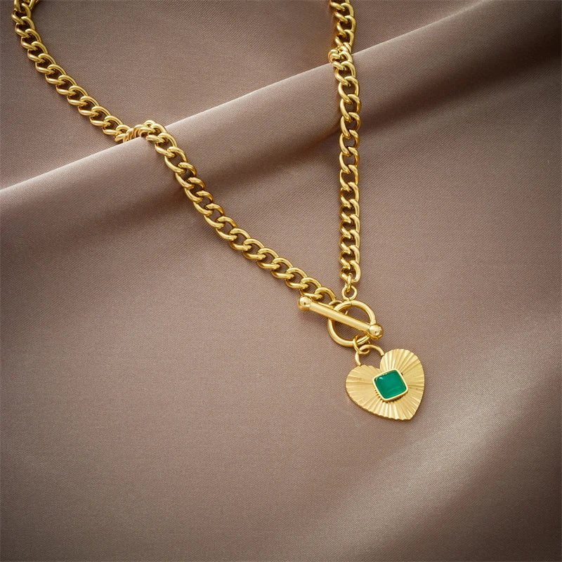 Green Stone Heart Pendant Necklace - New 2-Color OT Buckle Chain Jewelry for Women, perfect for Girls and Party Gifts