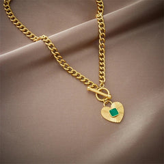 Green Stone Heart Pendant Necklace - New 2-Color OT Buckle Chain Jewelry for Women, perfect for Girls and Party Gifts