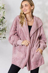 H&T Faux Fur Open Front Hooded Jacket DUSTY LILAC / One Size