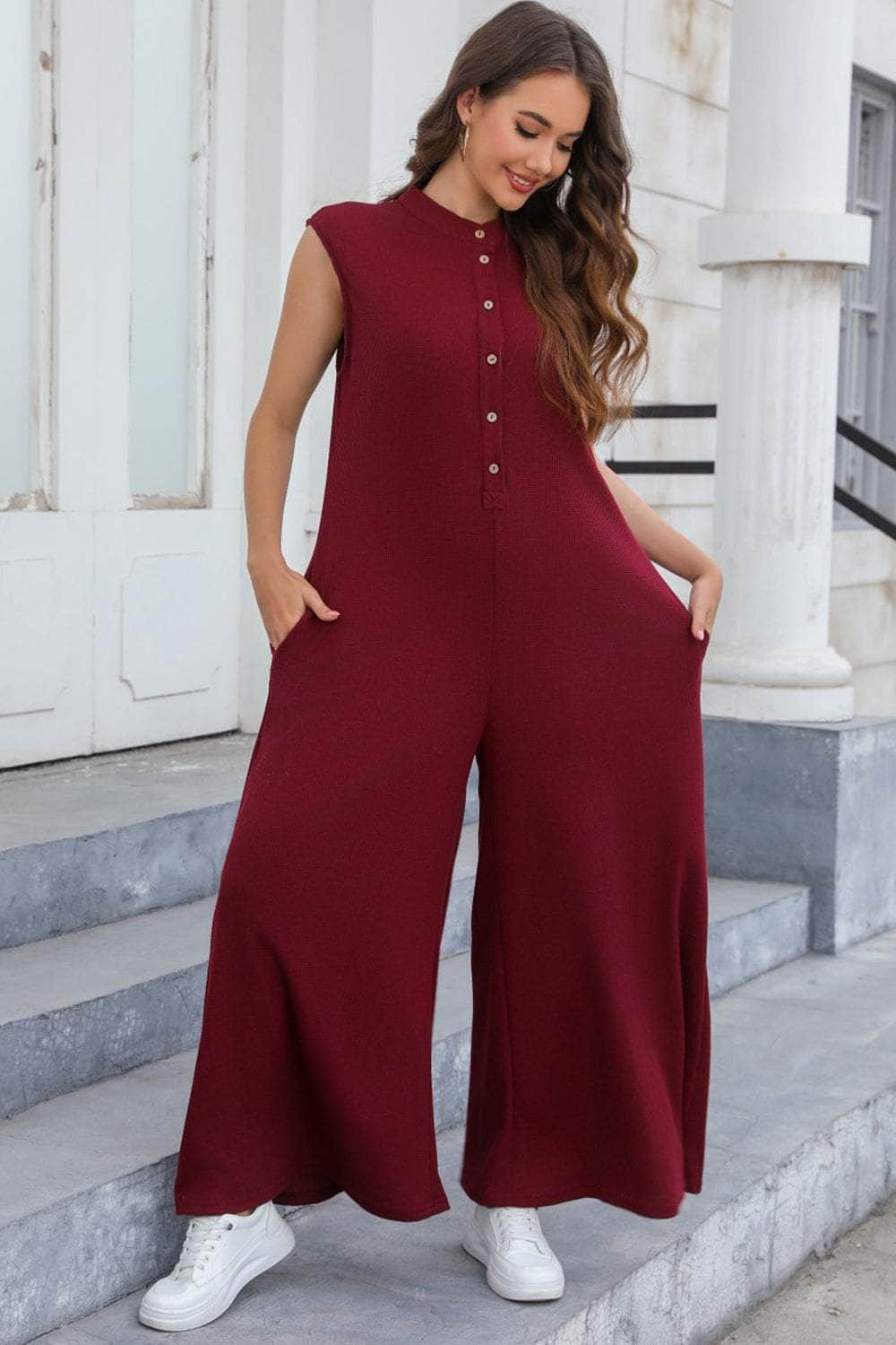 Half Button Wide Leg Jumpsuit with Pockets