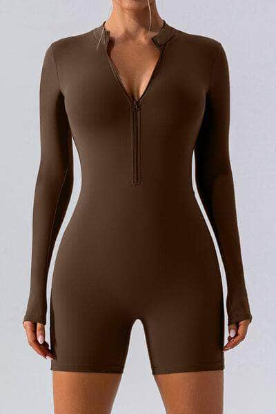 Half Zip Long Sleeve Active Romper Chocolate / S