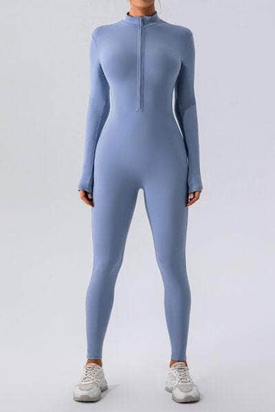 Half Zip Mock Neck Active Jumpsuit Misty  Blue / S
