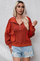 Half Zip Pocketed Dropped Shoulder Sweatshirt Brick Red / S