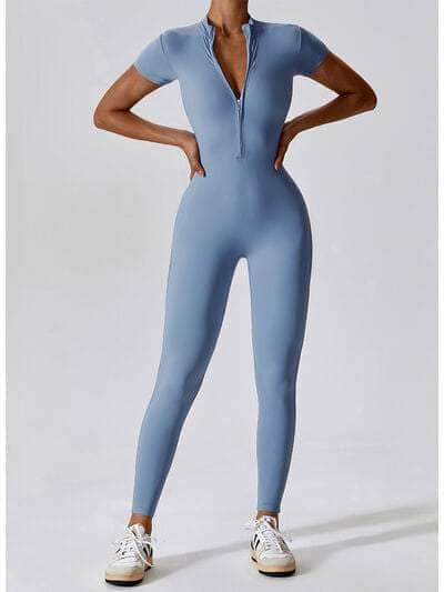 Half Zip Short Sleeve Active Jumpsuit Misty  Blue / S