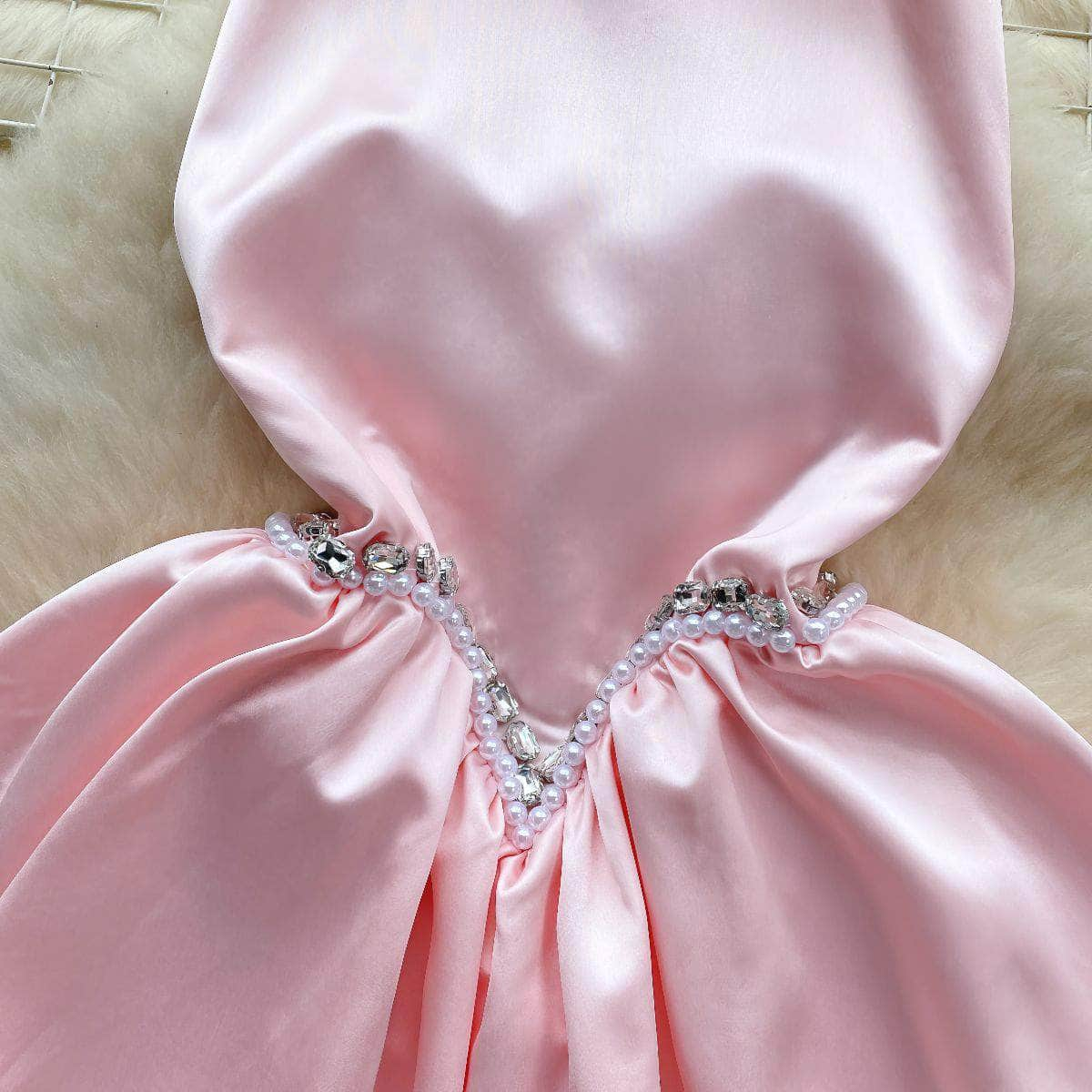 Halter Neck Backless Bow Detailed Rhinestone Beaded Dress