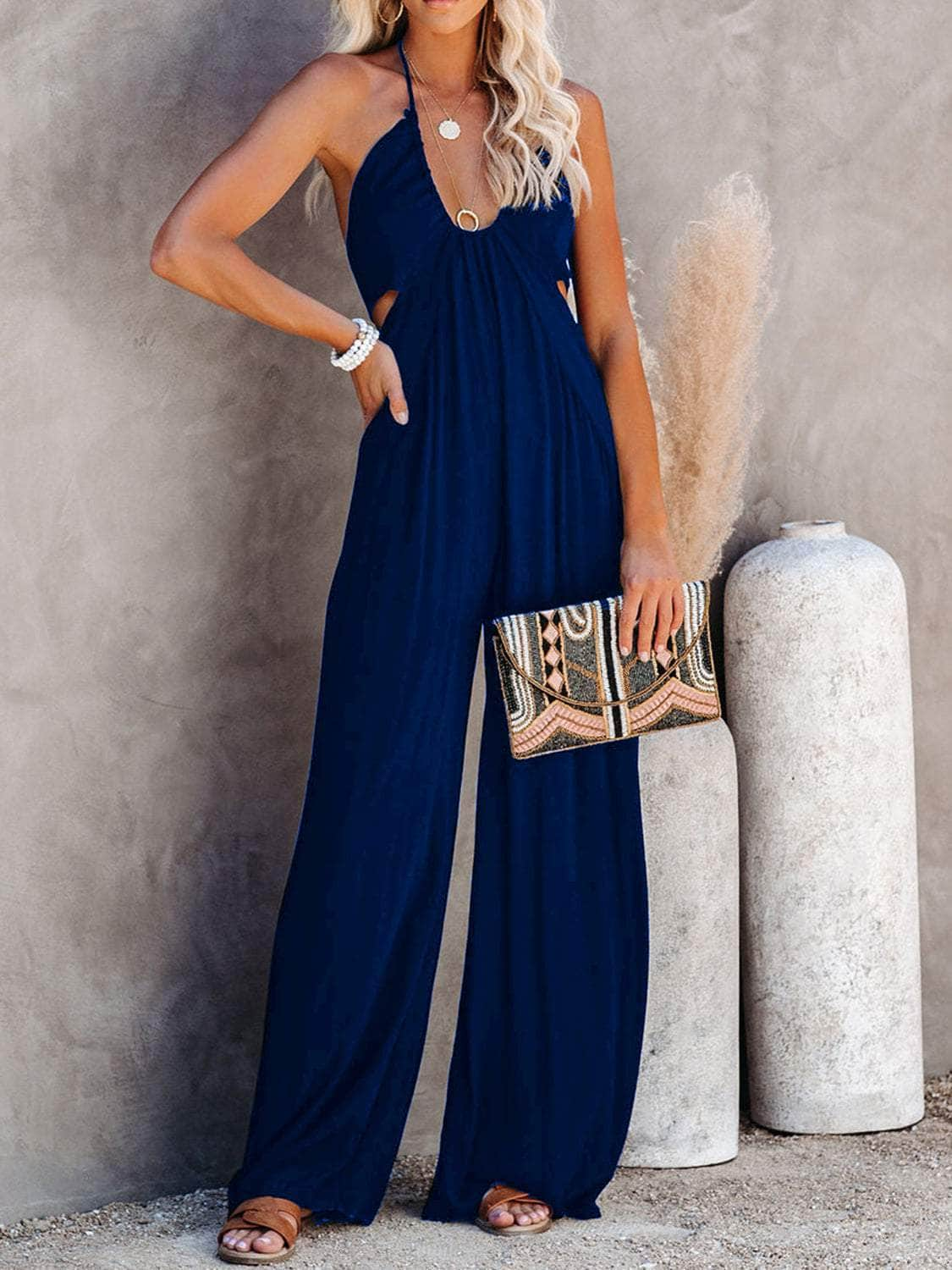 Halter Neck Wide Leg Jumpsuit Dark Blue / S