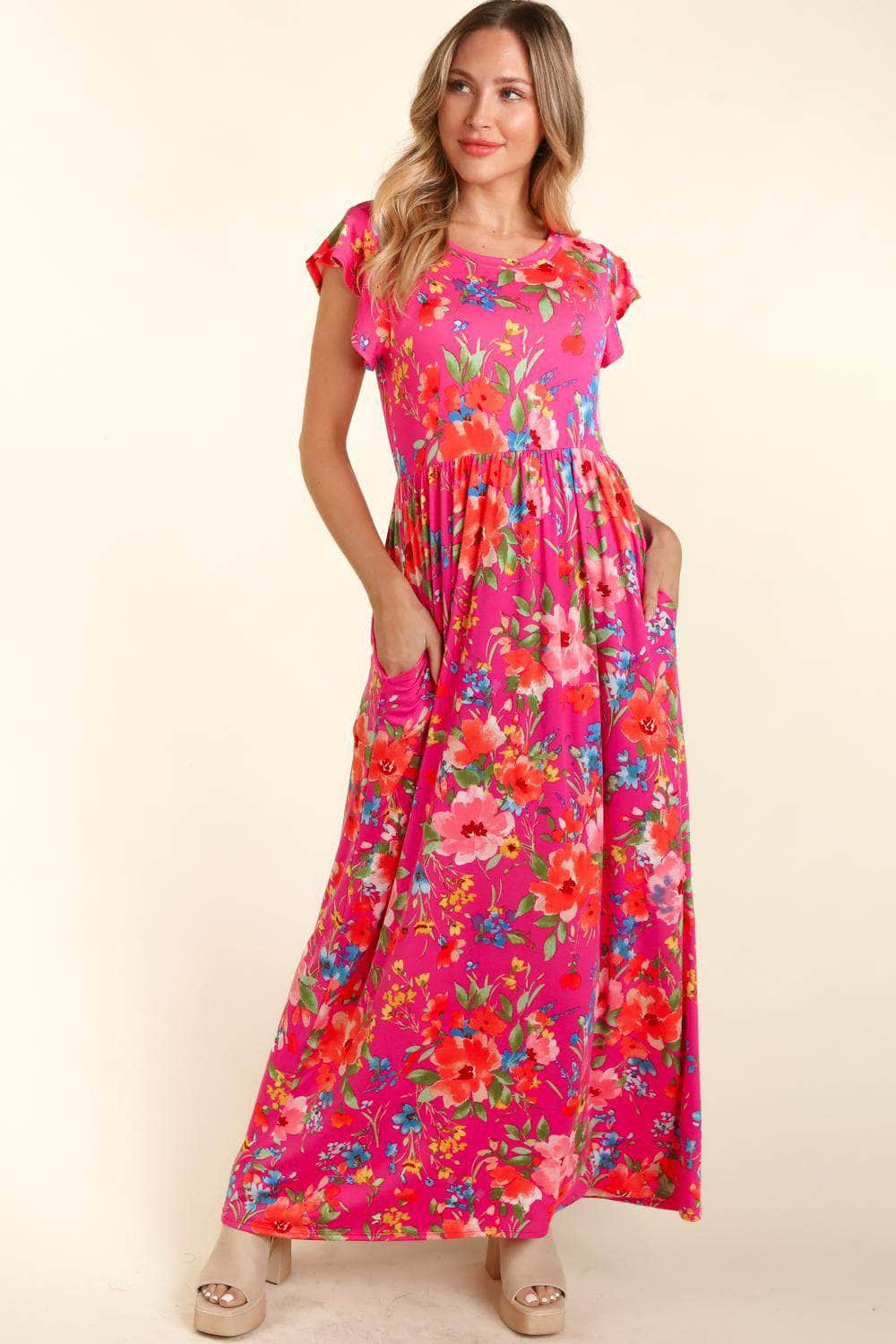 Haptics Floral Ruffled Round Neck Cap Sleeve Dress Fuchsia / S