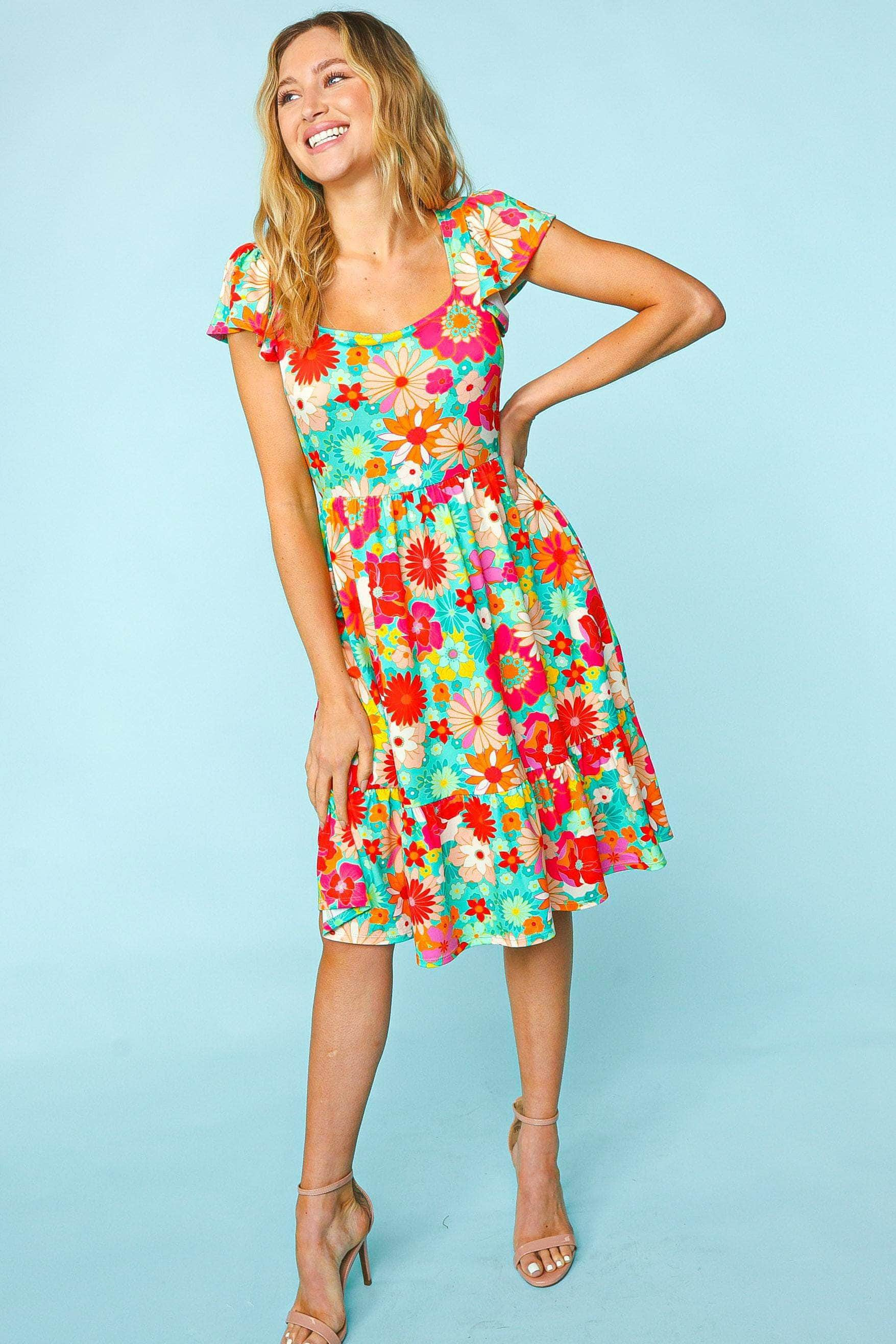 Haptics Floral Square Neck Short Sleeve Dress