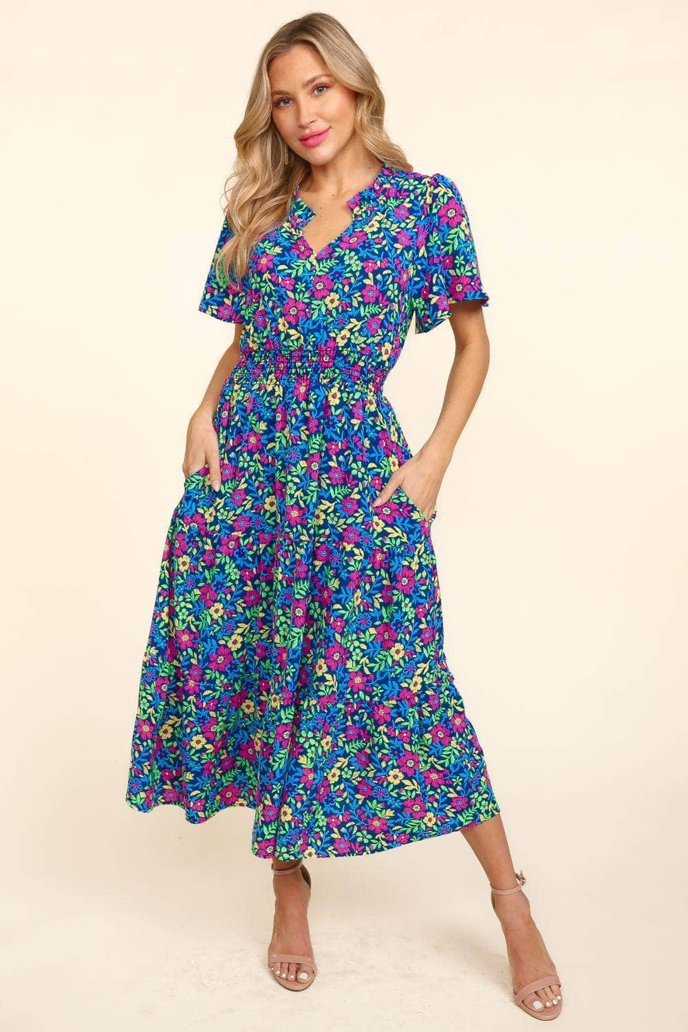 Haptics Printed Notched Short Sleeve Dress with Pockets Navy / S