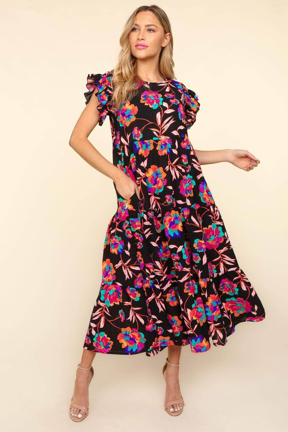 Haptics Ruffled Printed Round Neck Cap Sleeve Dress Black / S