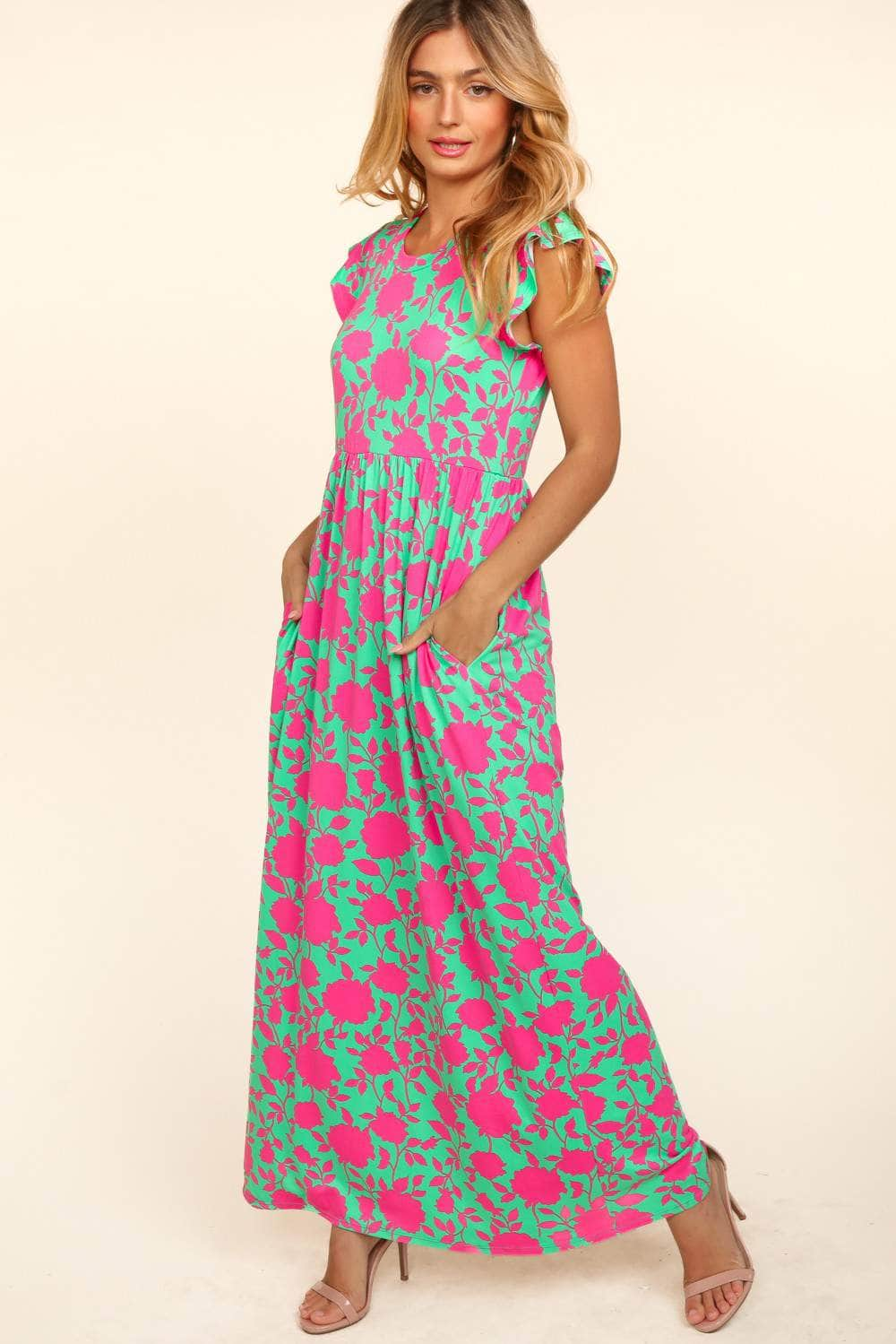 Haptics Ruffled Printed Round Neck Cap Sleeve Dress Fuchsia/Mint / S