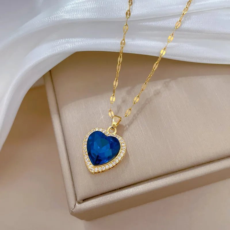 Heart Big Blue Zircon Pendant Necklace - Fashion Clavicle Chain Jewelry for Women and Girls, perfect Birthday Gift N2445