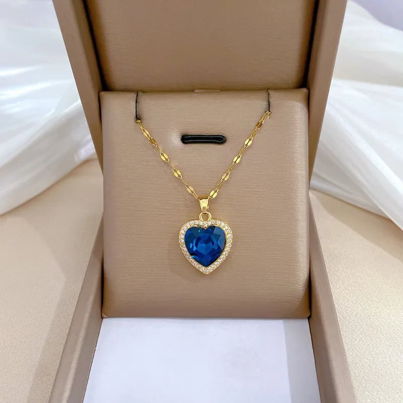 Heart Big Blue Zircon Pendant Necklace - Fashion Clavicle Chain Jewelry for Women and Girls, perfect Birthday Gift N2445