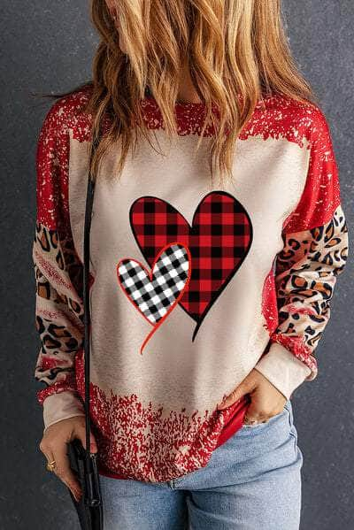 Heart Leopard Round Neck Sweatshirt Deep Red / S