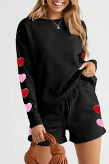 Heart pattern Round Neck Top and Drawstring Shorts Set Black / S