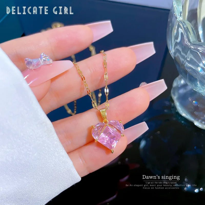 Heart Pink Zircon Pendant Necklace - Perfect for Women and Girls, an ideal Clavicle Chain for Parties N1877