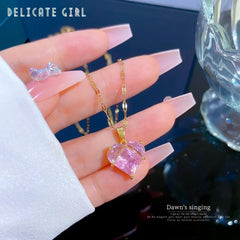 Heart Pink Zircon Pendant Necklace - Perfect for Women and Girls, an ideal Clavicle Chain for Parties N1877