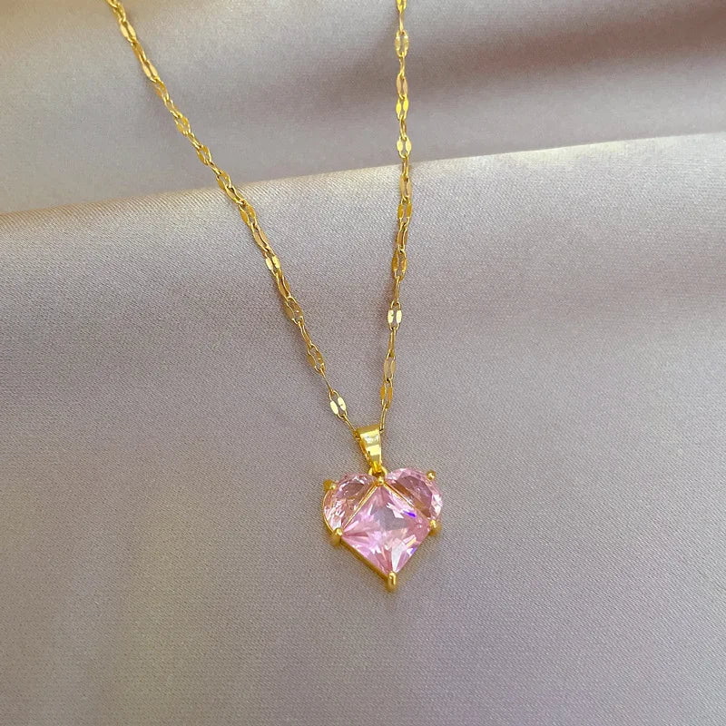 Heart Pink Zircon Pendant Necklace - Perfect for Women and Girls, an ideal Clavicle Chain for Parties N1877