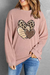 Heart Ribbed Round Neck Sweatshirt Blush Pink / S