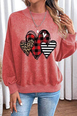 Heart Round Neck Dropped Shoulder Sweatshirt Burnt Coral / S