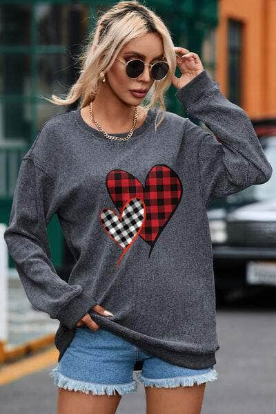 Heart Round Neck Dropped Shoulder Sweatshirt Charcoal / S