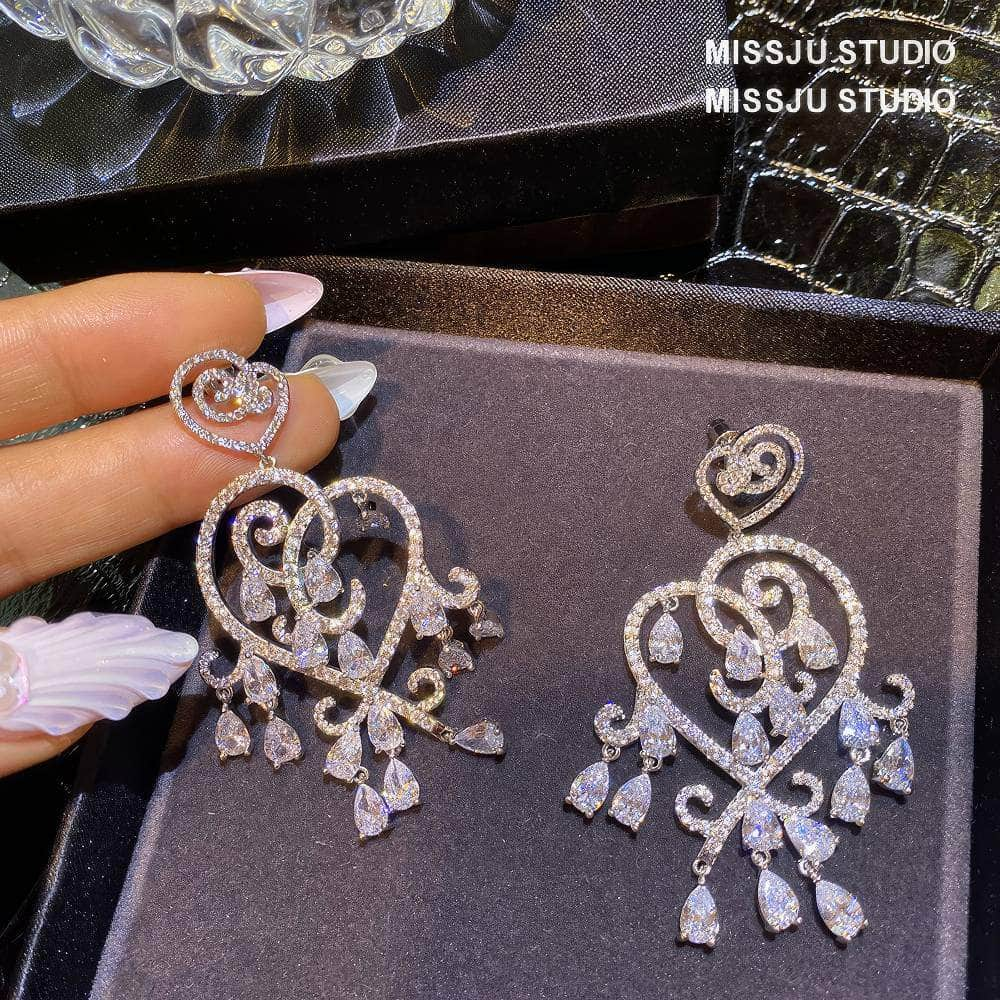 Heart Shaped Chandelier Rhinestone Tassel Earrings White