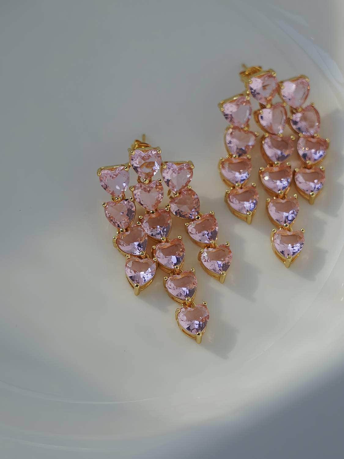 Heart Shaped Crystal Drop Chandelier Earrings Pink / Clip On