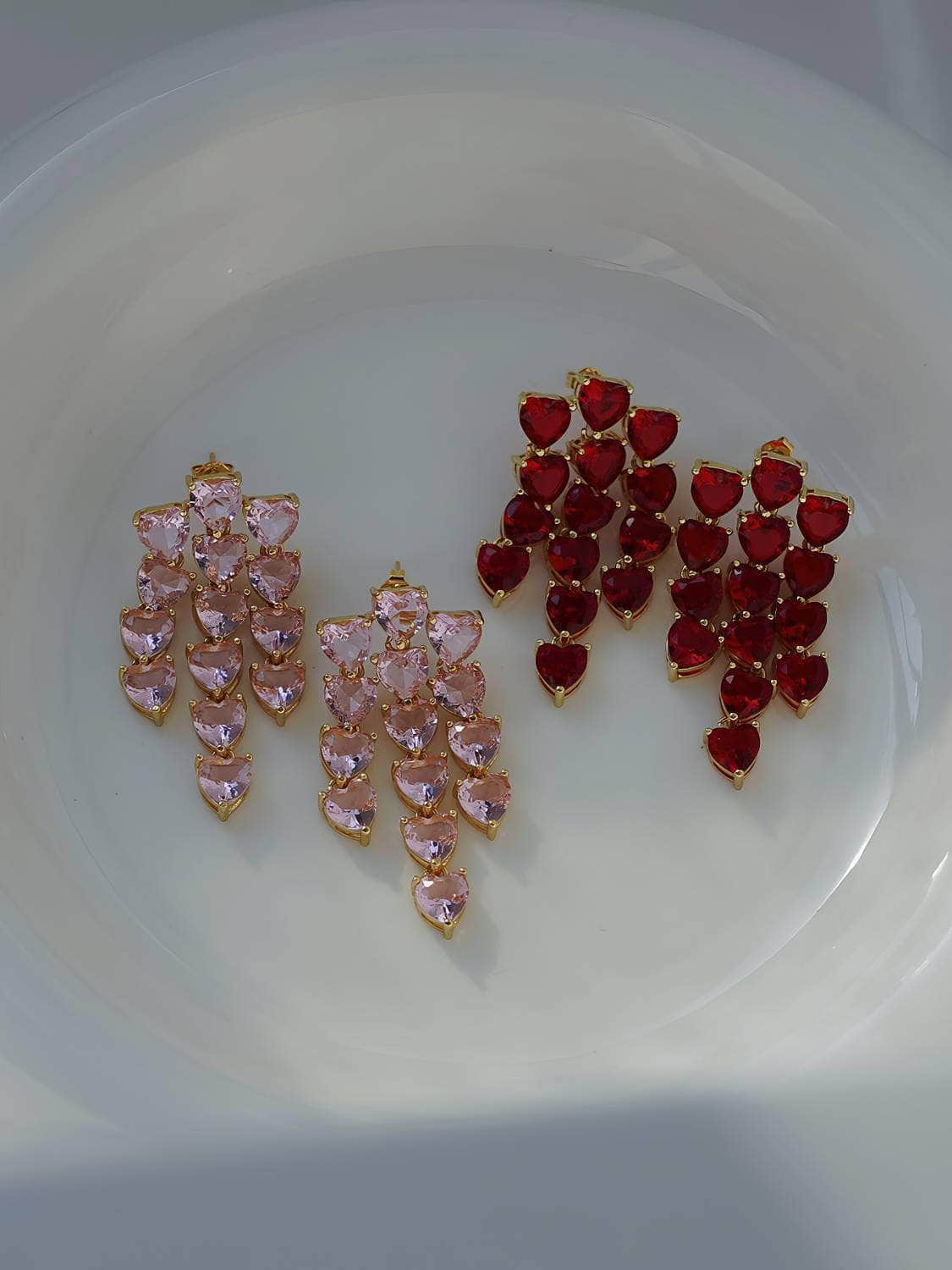 Heart Shaped Crystal Drop Chandelier Earrings Red / Clip On