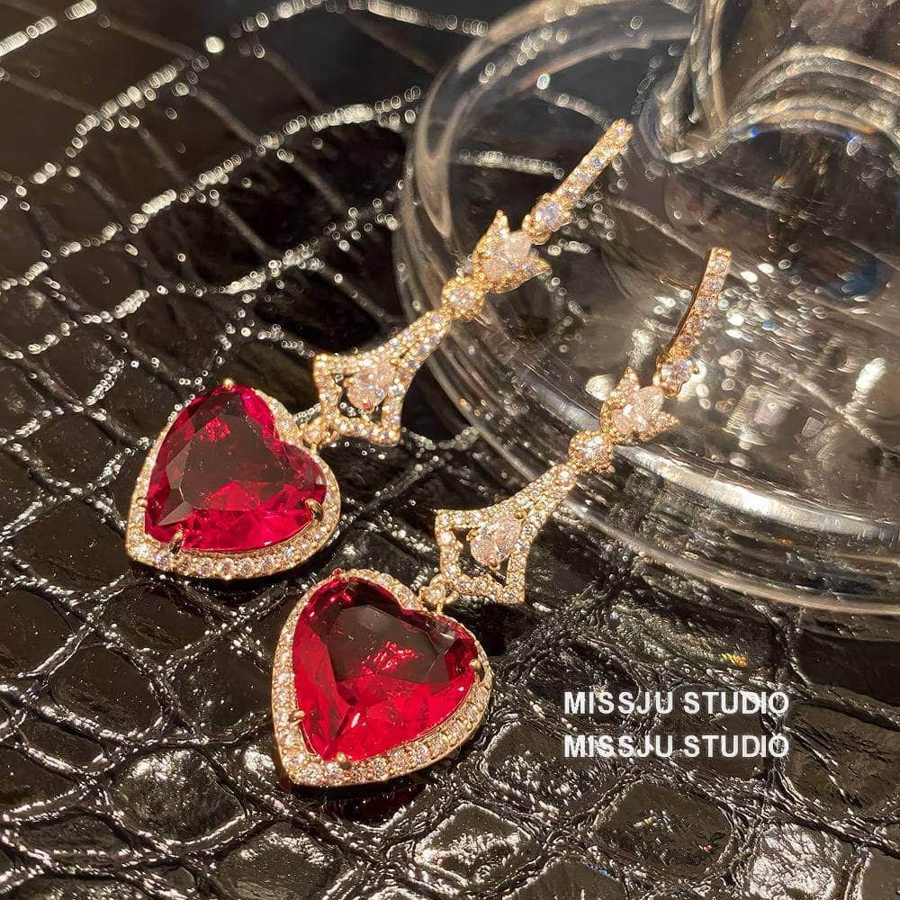 Heart Shaped Dangle Rhinestone Ruby Earrings Red