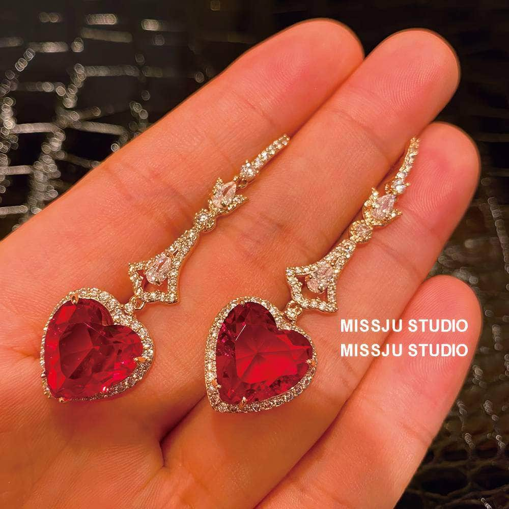 Heart Shaped Dangle Rhinestone Ruby Earrings Red