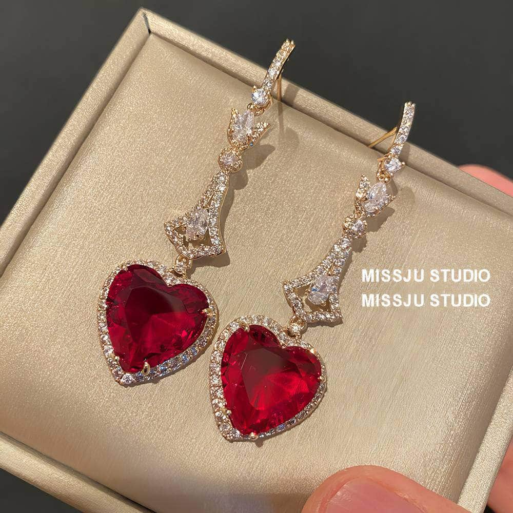 Heart Shaped Dangle Rhinestone Ruby Earrings Red