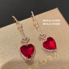 Heart Shaped Dangle Rhinestone Ruby Earrings Red