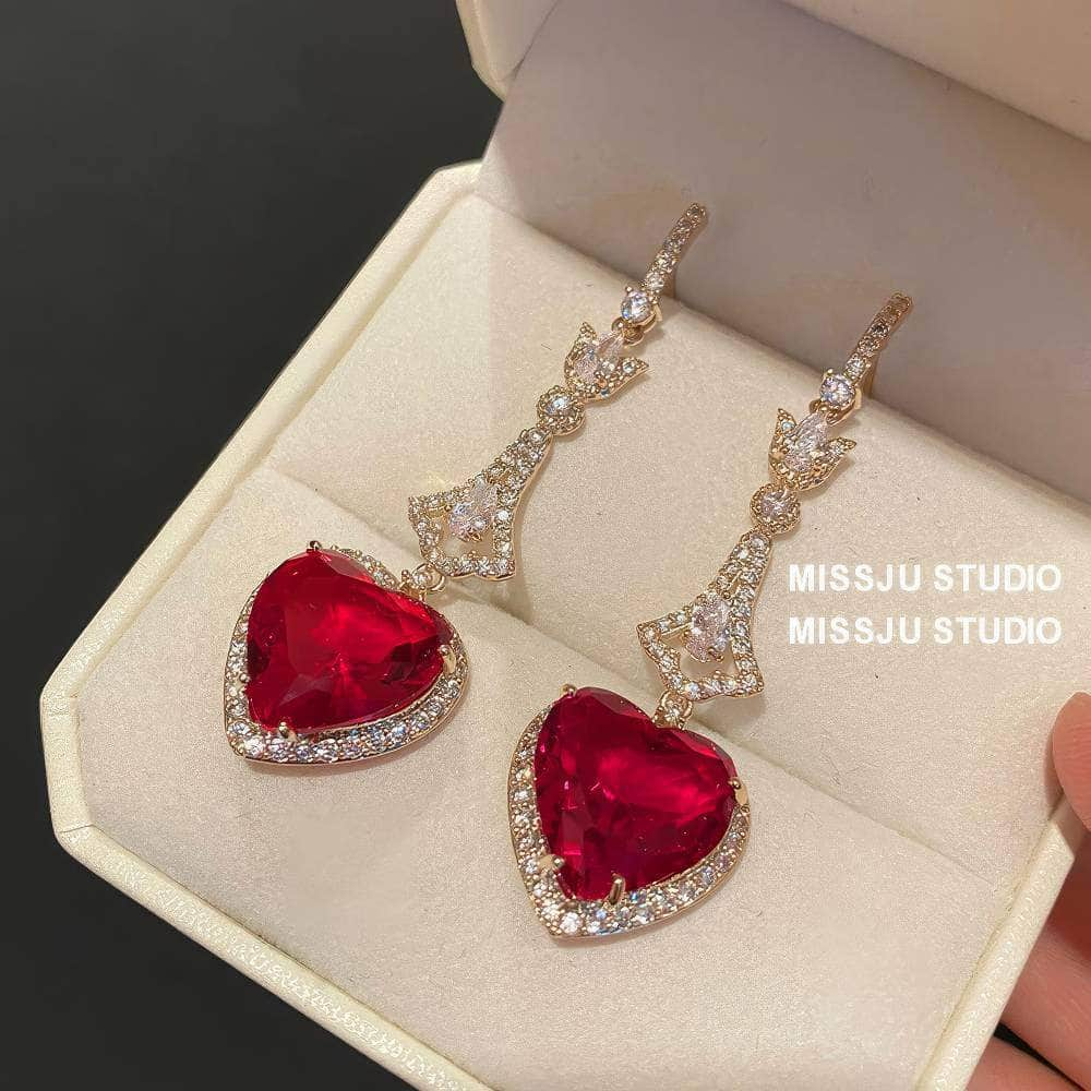 Heart Shaped Dangle Rhinestone Ruby Earrings Red