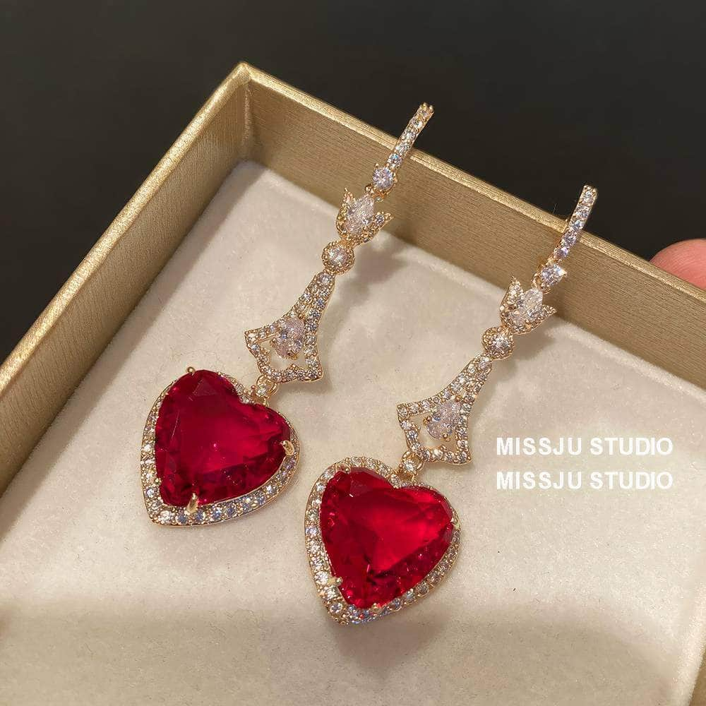 Heart Shaped Dangle Rhinestone Ruby Earrings Red