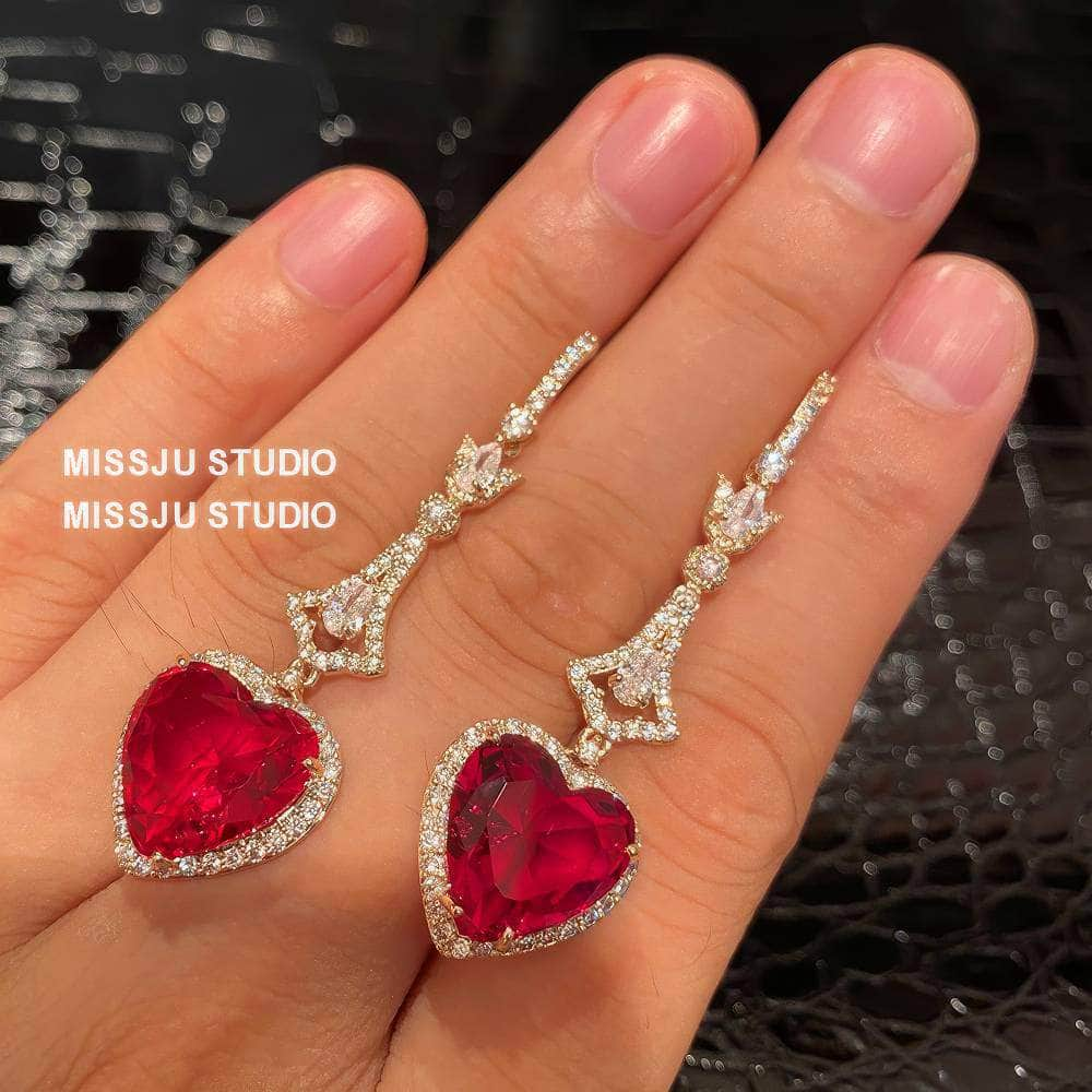 Heart Shaped Dangle Rhinestone Ruby Earrings Red