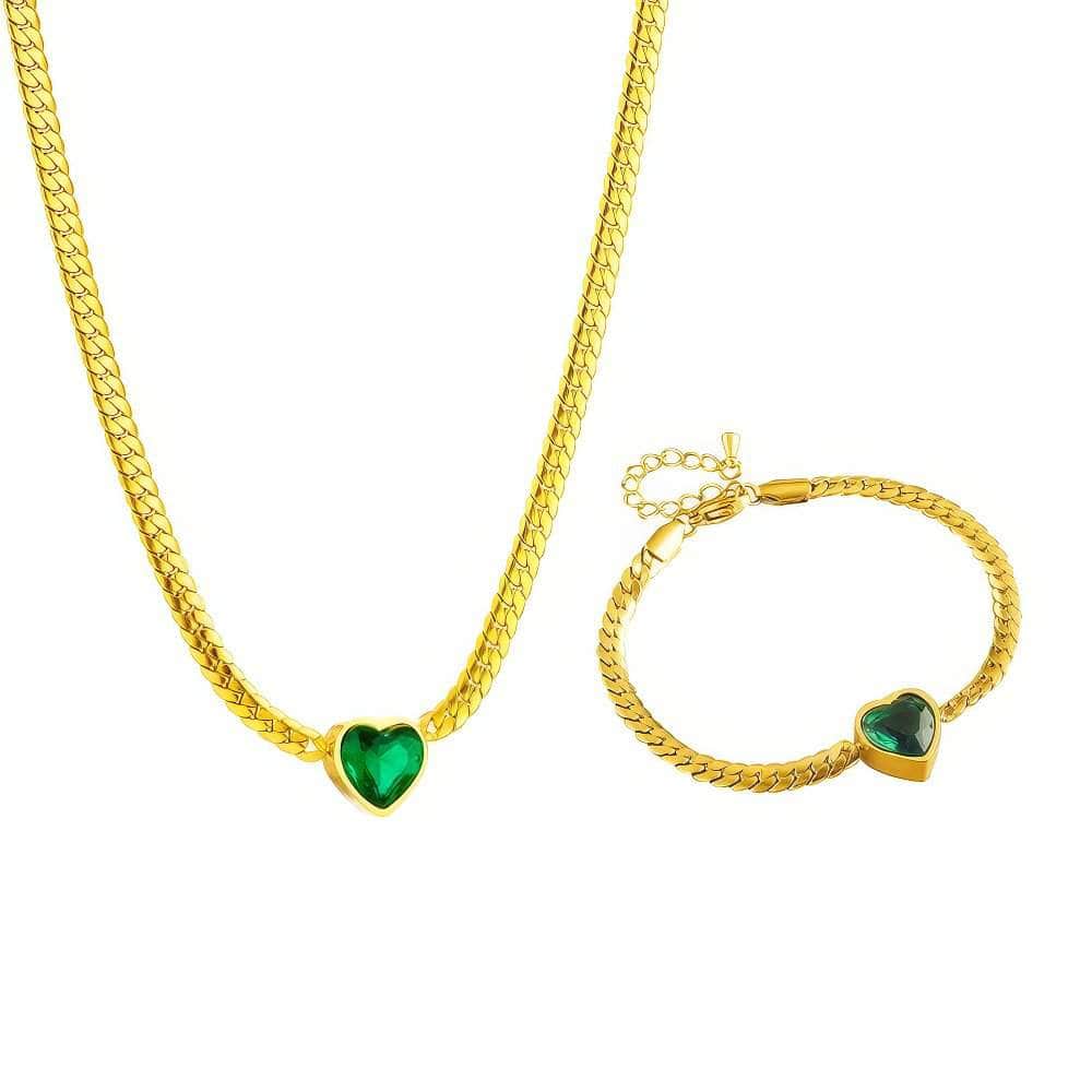 Heart-Shaped Green and White Crystal Pendant Necklace and Bracelet for Women