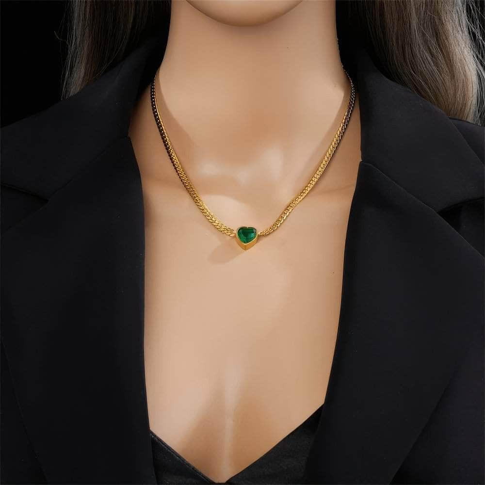 Heart-Shaped Green and White Crystal Pendant Necklace and Bracelet for Women