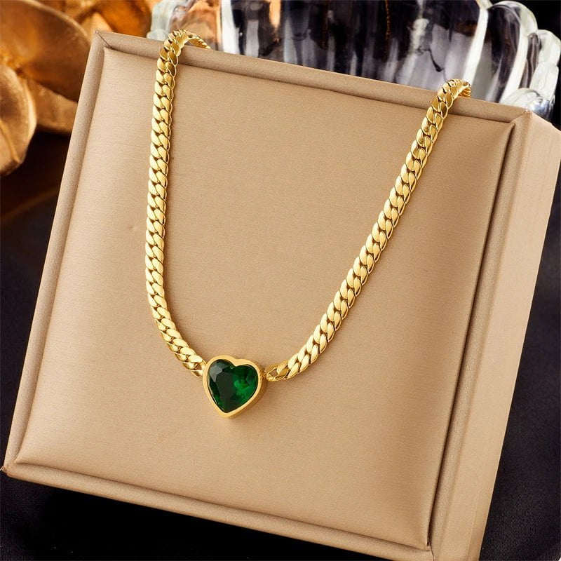 Heart-Shaped Green and White Crystal Pendant Necklace and Bracelet for Women N2039