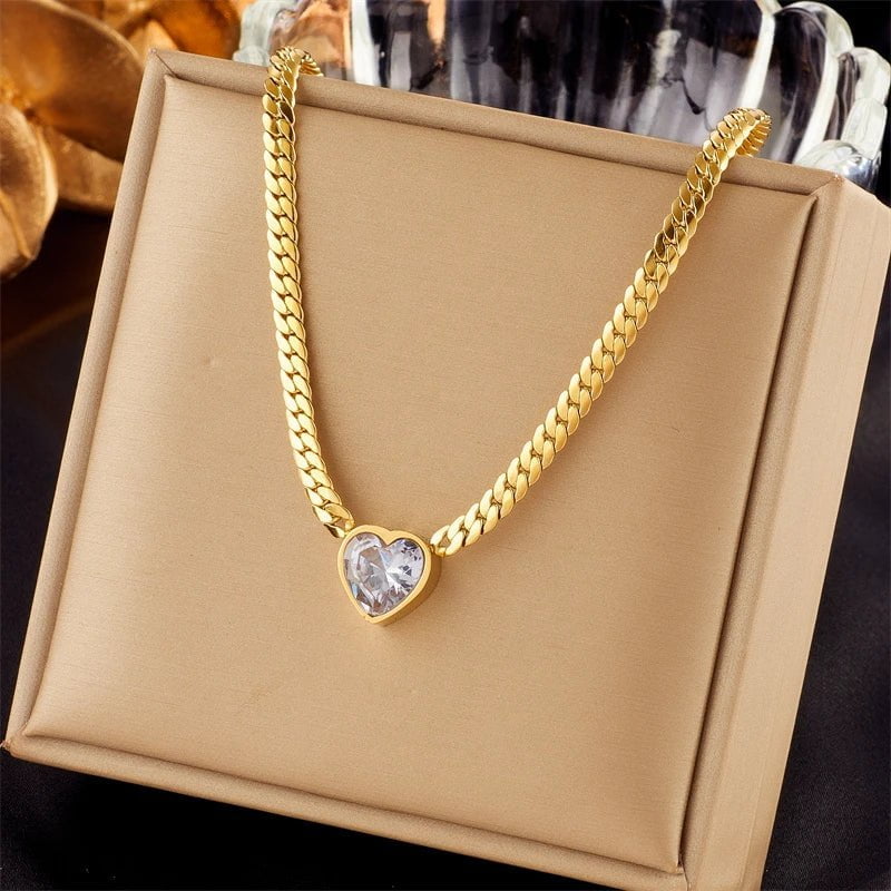 Heart-Shaped Green and White Crystal Pendant Necklace and Bracelet for Women N2040