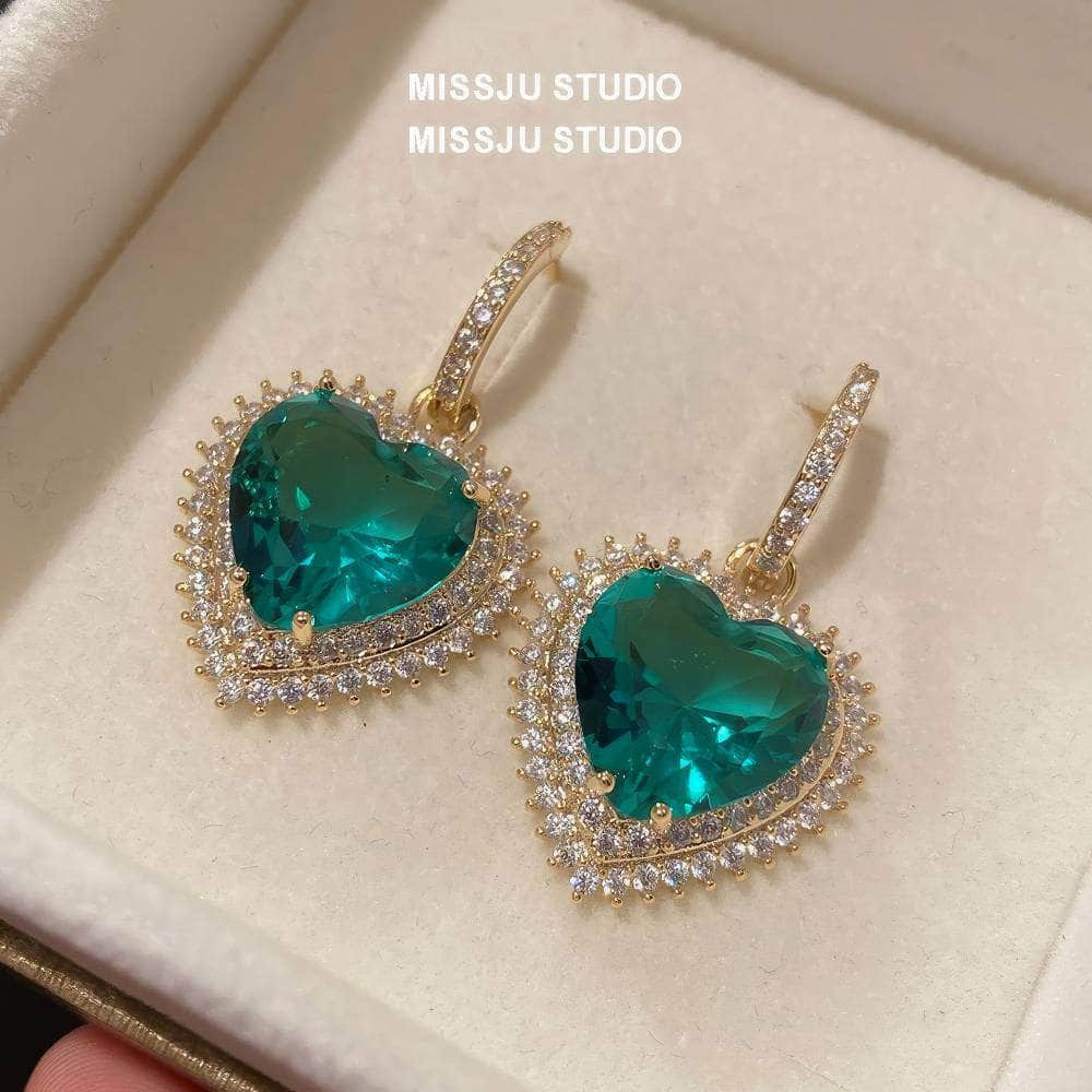 Heart Shaped Paved Crystal Emerald Hoop Earrings Green