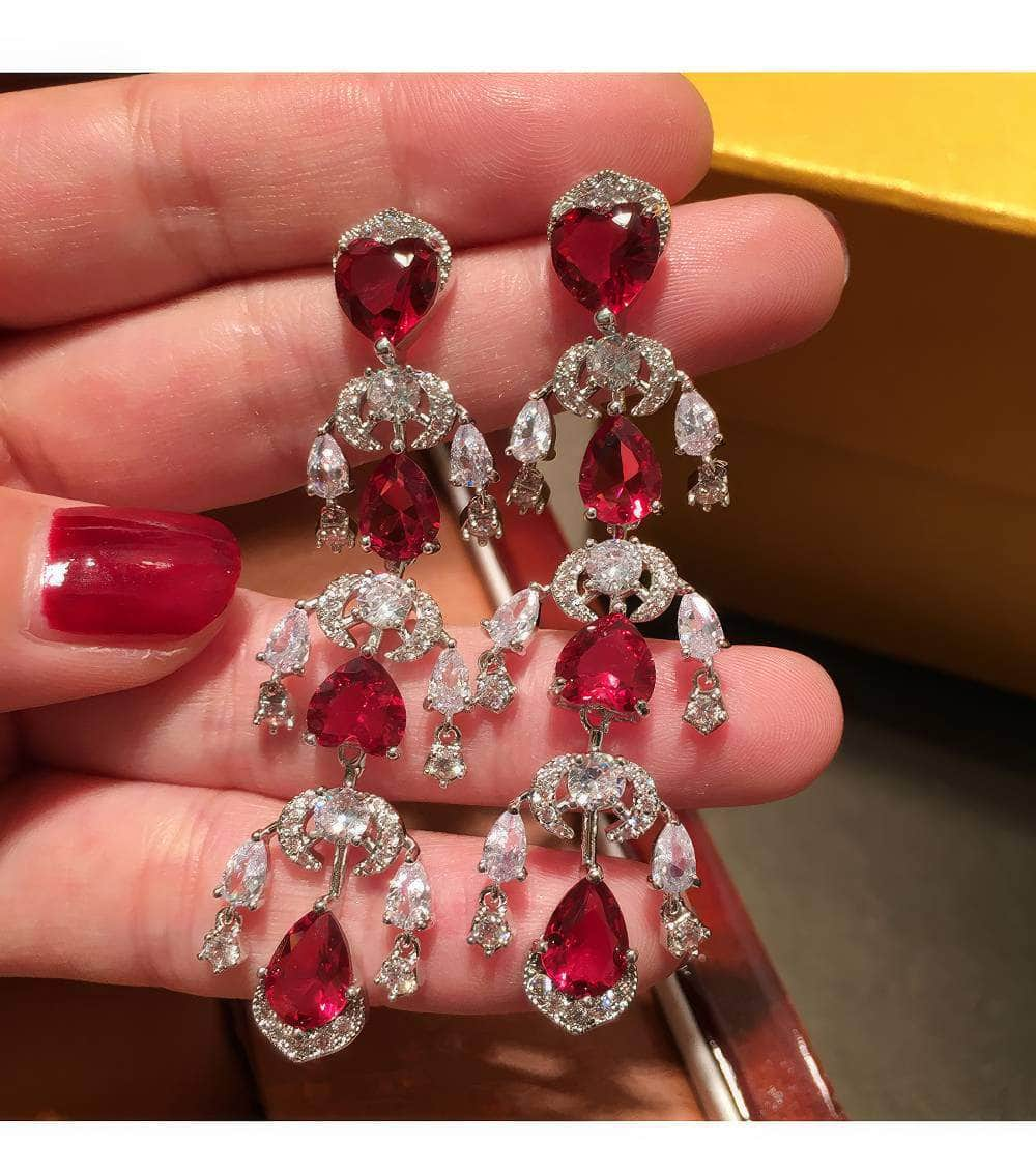 Heart Shaped Tassel Drop Ruby Crystal Earrings Red