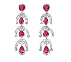 Heart Shaped Tassel Drop Ruby Crystal Earrings Red